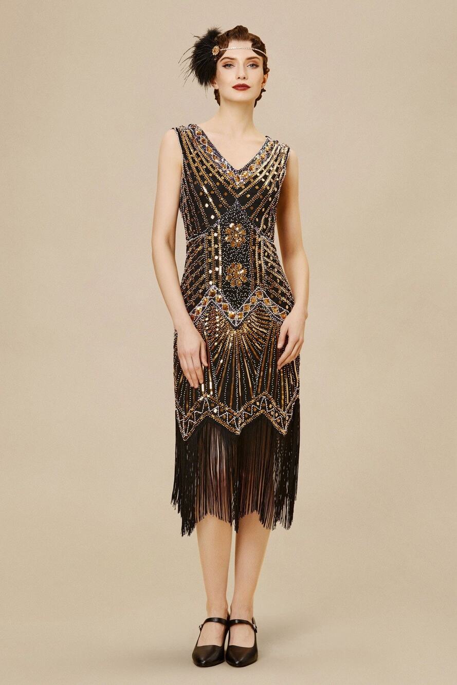 BABEYOND 1920s Flapper Dress Art Deco Beaded Fringe Cocktail XL